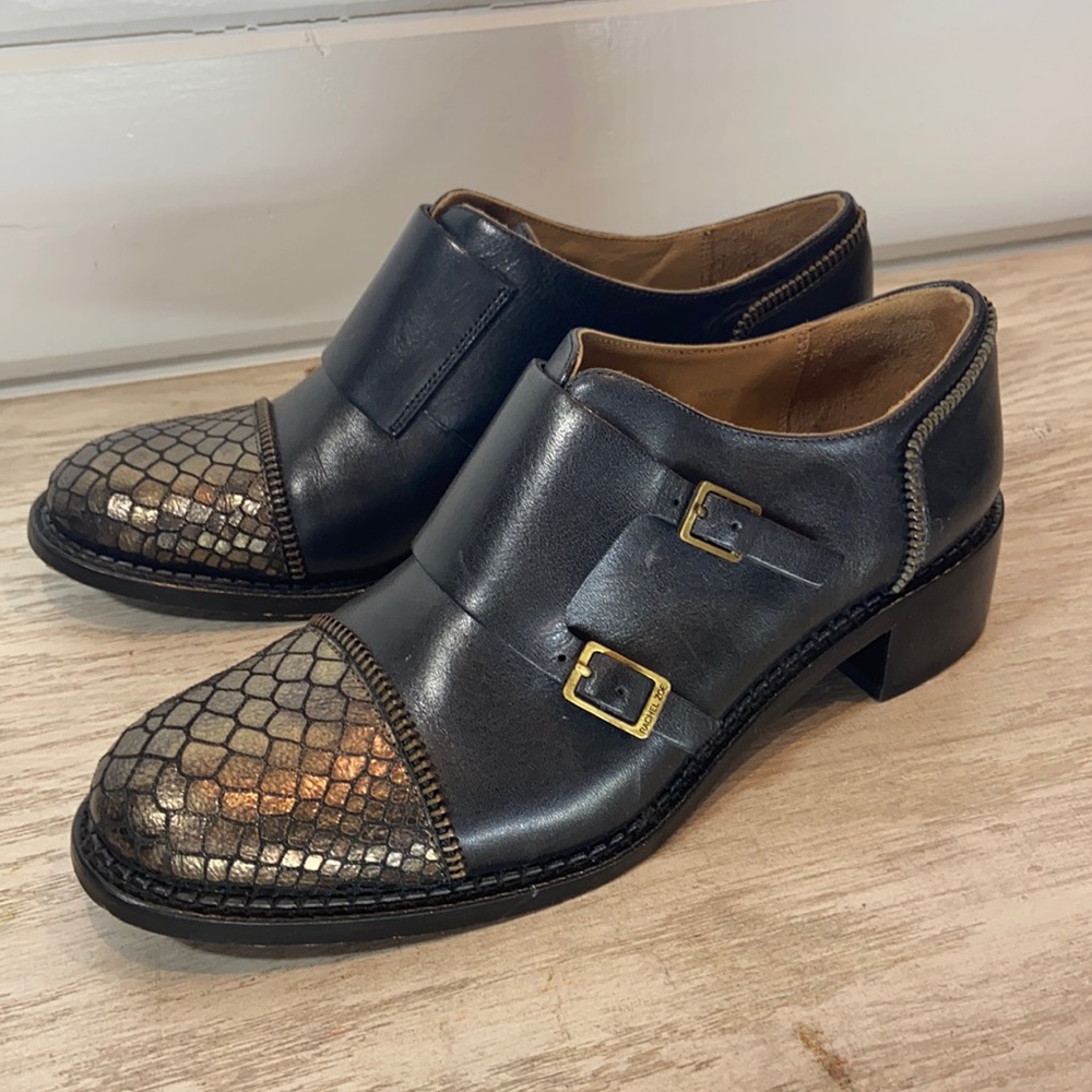 Rachel Zoe Black Leather and Snake Skin Monk Strap Buckle Shoe. Size 6.5